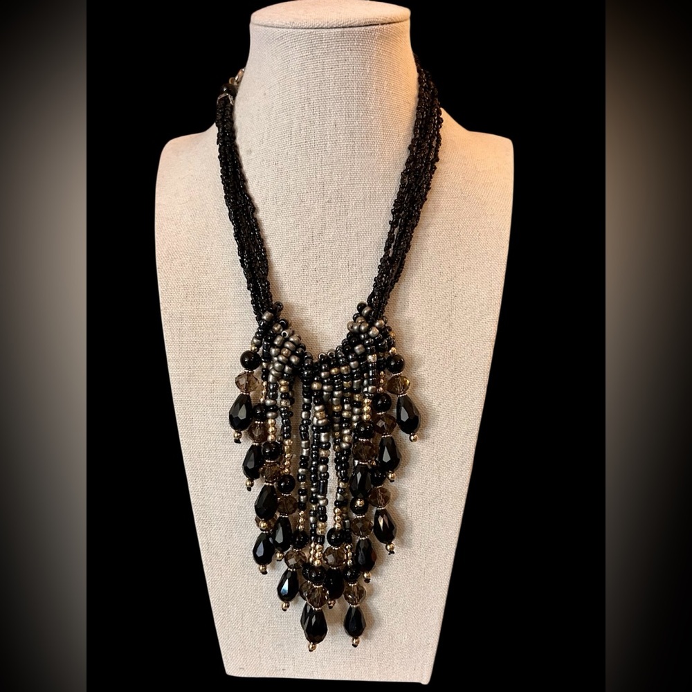 Vintage Artisan Black Glass Seed Beads Bib Necklace